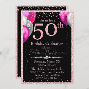 Black and Pink Glitter Balloons 50th Birthday Invitation