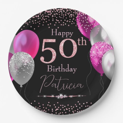 Black and Pink Glitter Balloons 50th Birthday Paper Plates