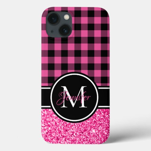 Black and Pink Glitter Buffalo Plaid Monogram iPhone 13 Case