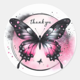Black and Pink Glitter Butterfly - Thank you - Classic Round Sticker