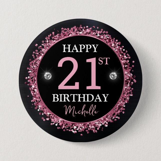 Black and Pink Glitter Confetti Birthday Button (Front)