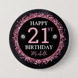 Black and Pink Glitter Confetti Birthday Button