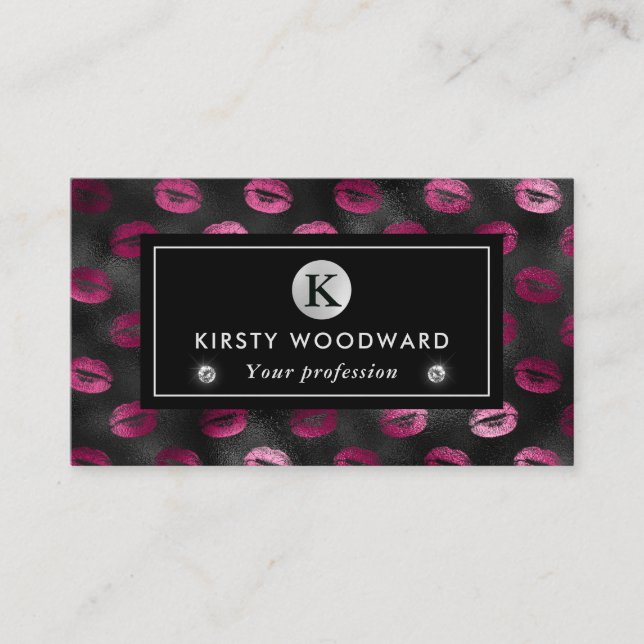 Black and Pink Glitter Glam Lipstick Pattern Business Card (Front)