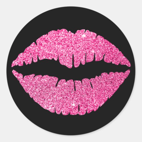 Black and Pink Glitter Lipstick Classic Round Sticker