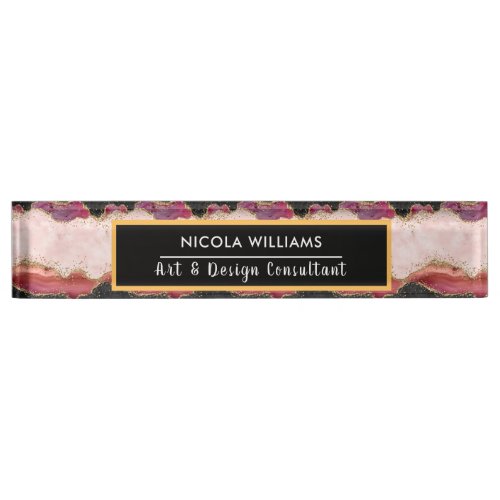 Black and Pink Glitter Marble Agate Desk Name Plate