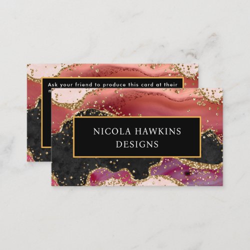 Black and Pink Glitter Marble Agate Referral Card