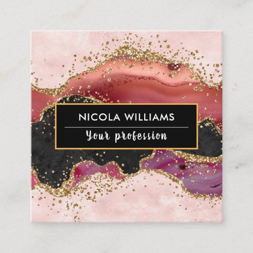 Black and Pink Glitter Marble Agate Square Business Card