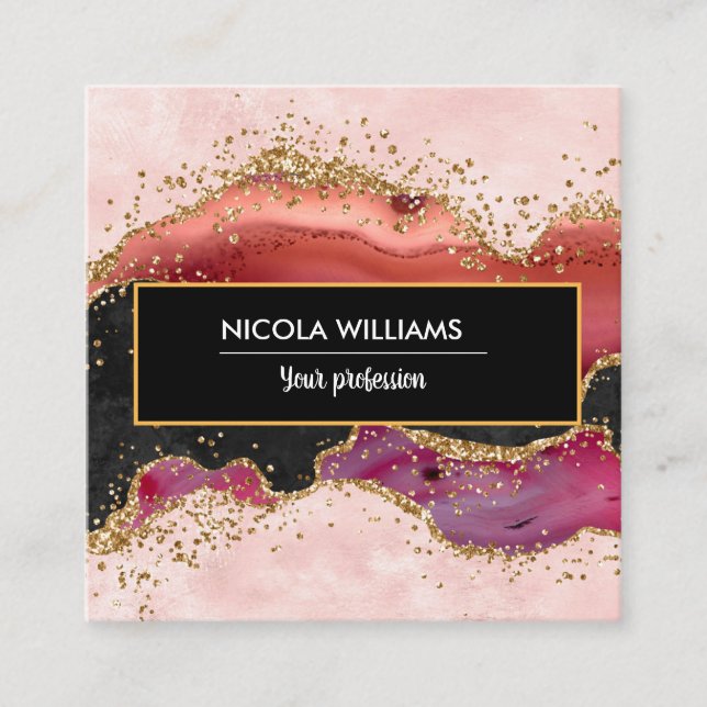 Black and Pink Glitter Marble Agate Square Business Card (Front)