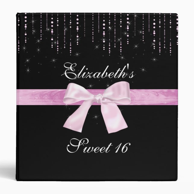 Black and Pink Glitter Sweet Sixteen Photo Album 3 Ring Binder (Front)