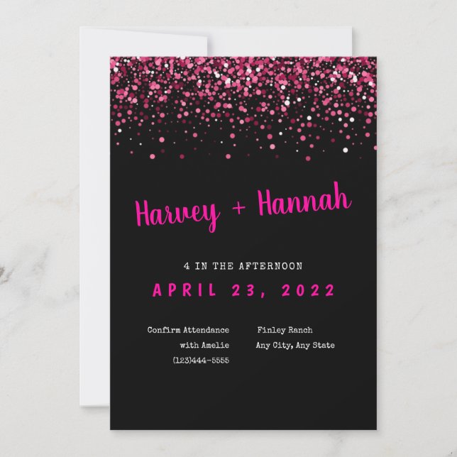 Black and Pink Glitter Wedding Invitation (Front)