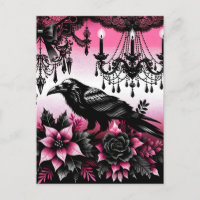 Black and Pink Gothic Christmas Raven and Flowers