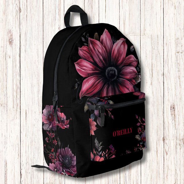 Black and Pink Gothic Flowers Modern Monogram Printed Backpack (Creator Uploaded)