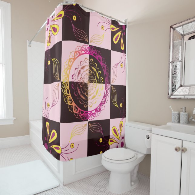 Black and Pink Graphic Art, Mystic Checkerboard Shower Curtain (In Situ)