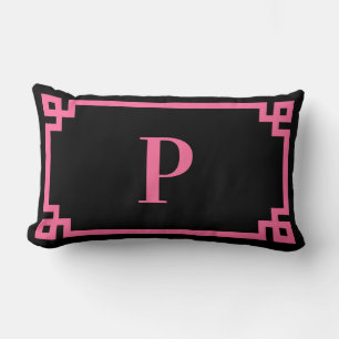 Black and Pink Greek Key Border Monogram Lumbar Pillow