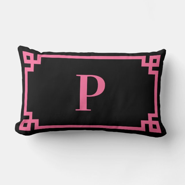 Black and Pink Greek Key Border Monogram Lumbar Pillow (Front)