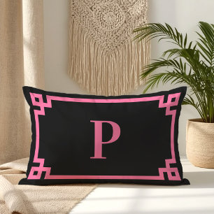 Black and Pink Greek Key Border Monogram Lumbar Pillow
