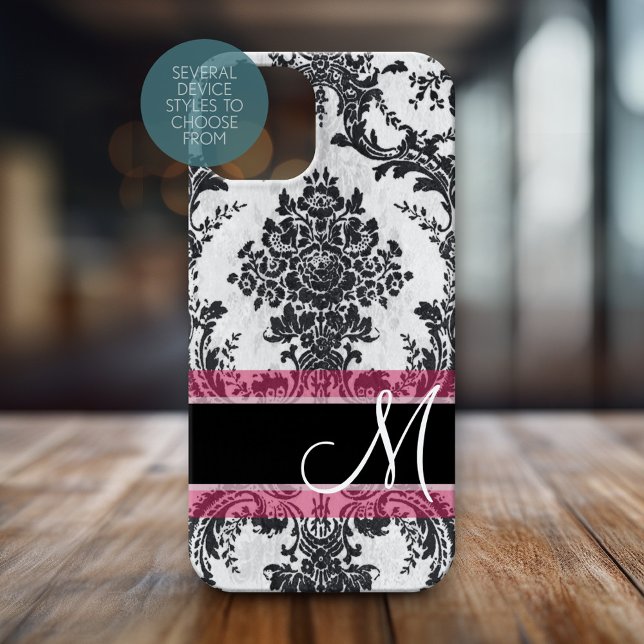 Black and Pink Grunge Damask Pattern Monogram Iphone Case (Personalized Phone Case with Huge Monogram)