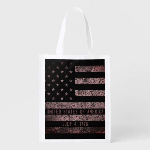 Black and Pink Grunge Vintage American Flag Grocery Bag