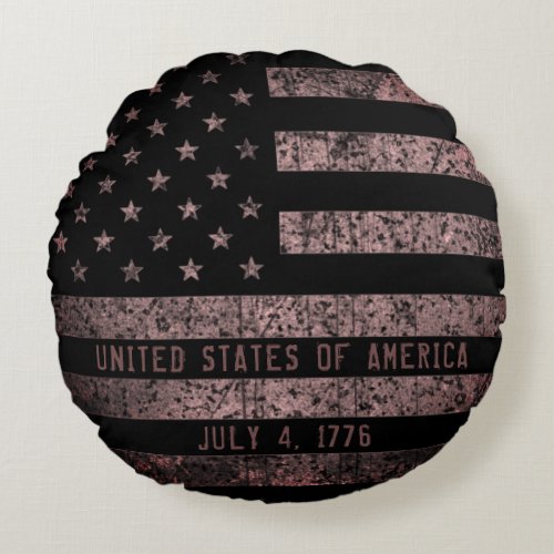 Black and Pink Grunge Vintage American Flag Round Pillow