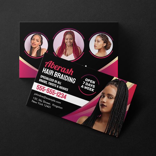 Black and Pink Hair Braiding Salon Add Photo Business Card