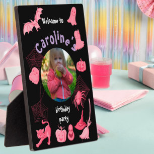 Black and pink Halloween birthday party welcome Plaque