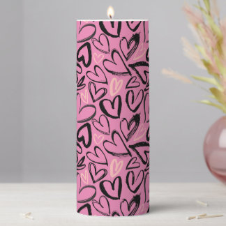 Black and Pink Hearts and Love Messages Pillar Candle