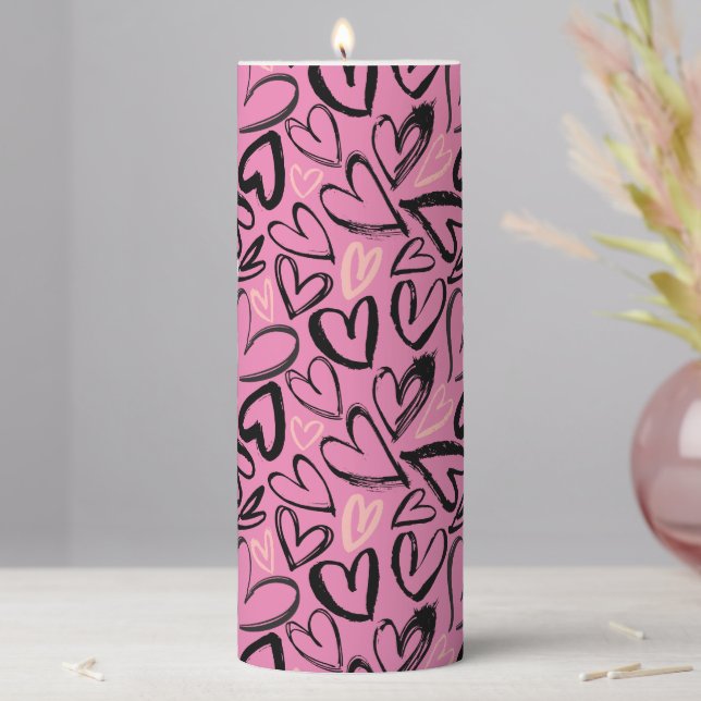 Black and Pink Hearts and Love Messages Pillar Candle (In Situ)