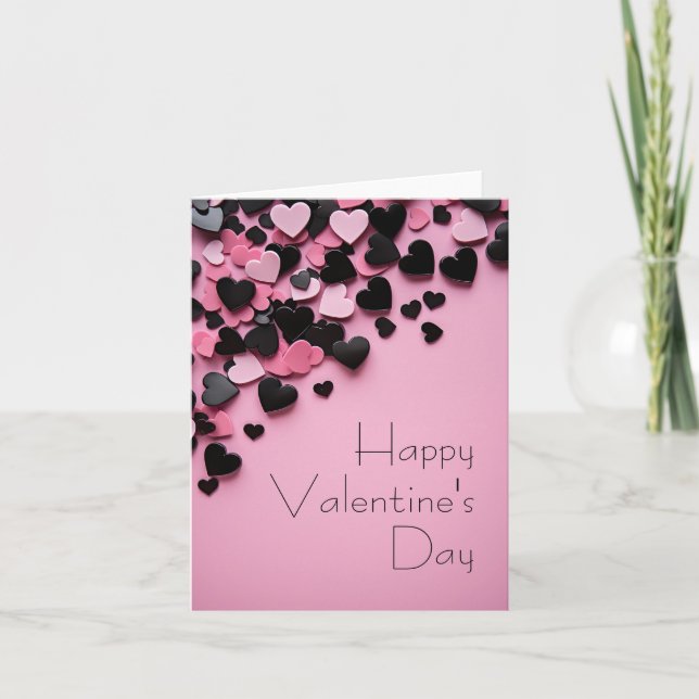 Black and pink hearts on pink ground Valentine's Holiday Card (Front)