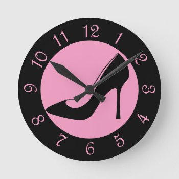 Black And Pink High Heel Shoe Retro Round Clock by trendyteeshirts at Zazzle
