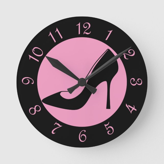 Black And Pink High Heel Shoe Retro Round Clock (Front)