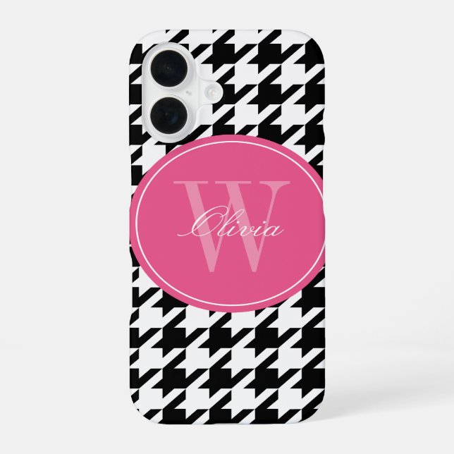 Black and Pink Houndstooth Pattern Monogram Iphone Case (Back)