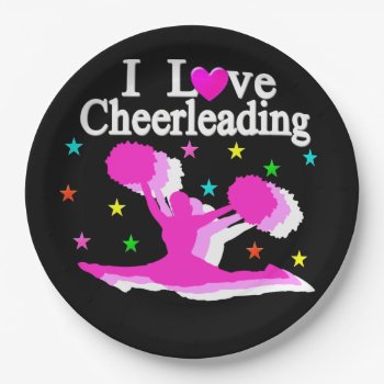 Black And Pink I Love Cheerleader Paper Plates by MySportsStar at Zazzle