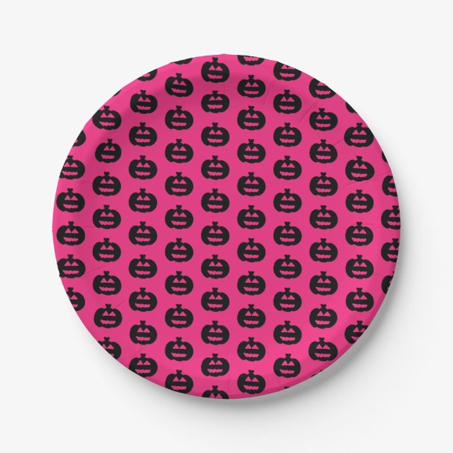 Black and Pink Jack o Lanterns  Paper Plates (Front)