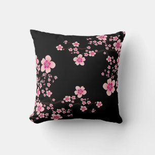 Black and Pink Japanese Cherry Blossom Throw Pillow