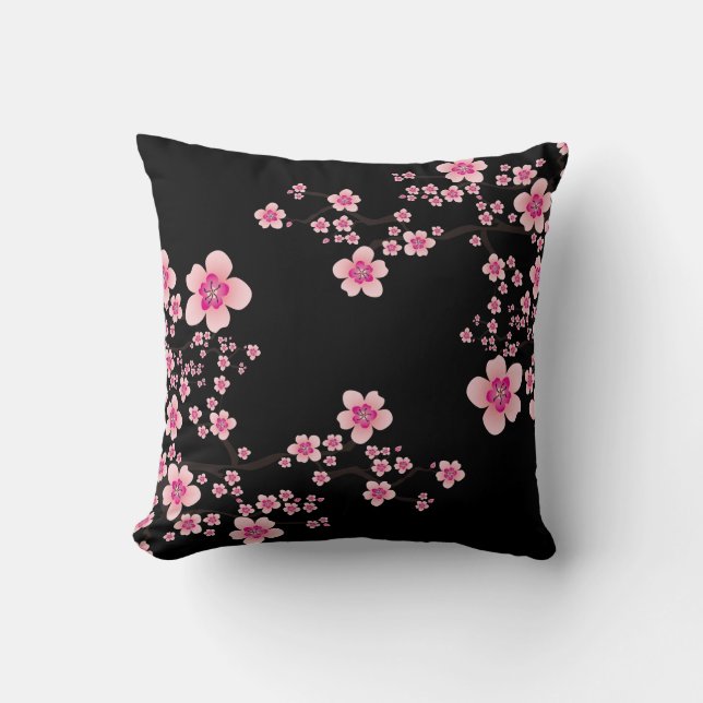 Black and Pink Japanese Cherry Blossom Throw Pillow (Front)