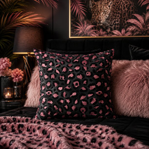 Black and Pink Leopard Print Animal Pattern Throw Pillow