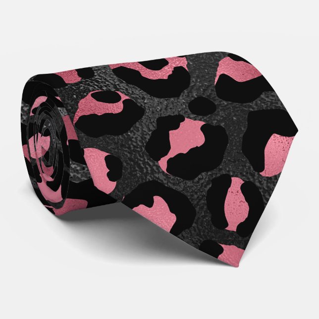 Black and Pink Leopard Print Neck Tie (Rolled)