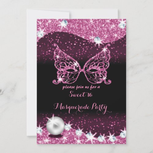 black and pink masquerade sweet 16 with pearl invitation