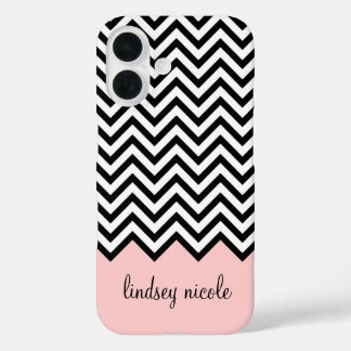 Black and Pink Modern Chevron Custom Monogram iPhone 16 Case
