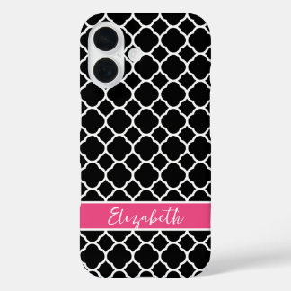 Black and Pink Modern Quatrefoil Monogram iPhone 16 Case