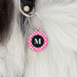 Black And Pink Monogram Dog Paws Pattern Pet Tag<br><div class="desc">This pet tag has a black circle on the middle with a customizable monogram letter. The background color is pink with white small dog paws pattern. On the other side there are customizable text areas for the name of your pet and for your phone number.</div>