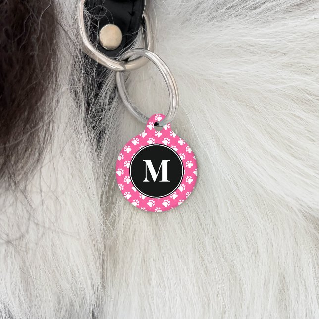 Black And Pink Monogram Dog Paws Pattern Pet Tag (Creator Uploaded)