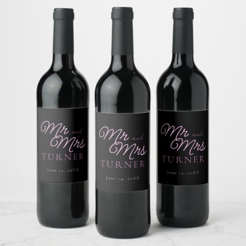 Black and Pink Mr and Mrs Wedding Wine Label