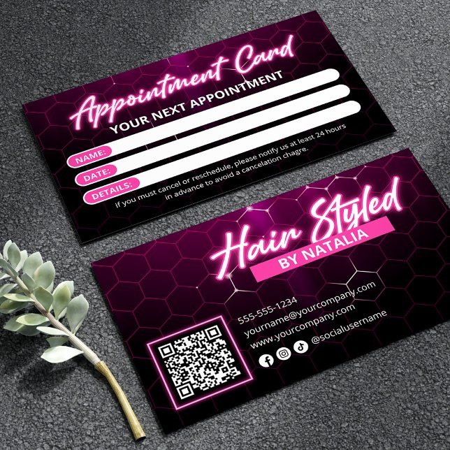 Black and Pink Neon Hair Salon Qr Code Appointment Card (Creator Uploaded)