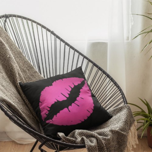 Black and Pink Ombre Lipstick Kiss Throw Pillow