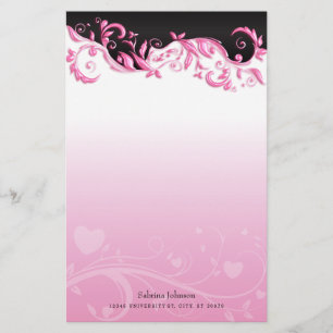 Black and Pink Ornate on Pink Gradient Stationery