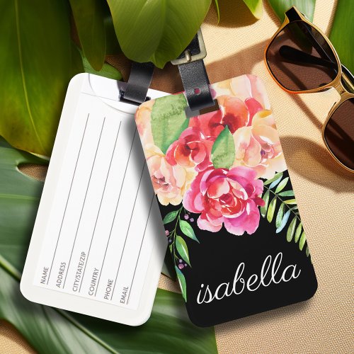 Black and Pink Painted Watercolor Flowers Monogram Luggage Tag