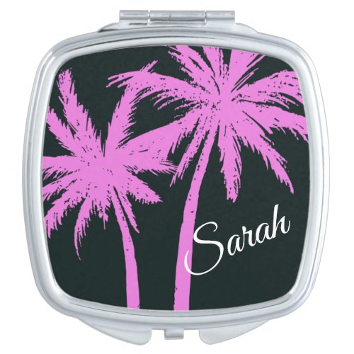 Black and Pink Palm Tree Monogram Compact Mirror