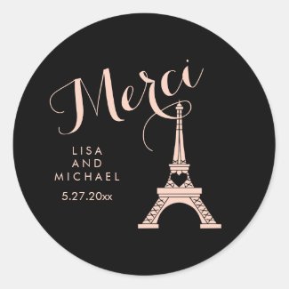 Black and Pink Paris Eiffel Tower Wedding Merci Classic Round Sticker