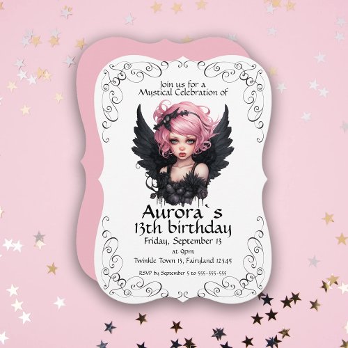 Black And Pink Pastel Goth Fairy 13th Birthday Invitation